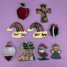 LOT OF 9 VINTAGE STAINED GLASS  METAL PLASTIC ORNAMENTS SUN CATCHERS