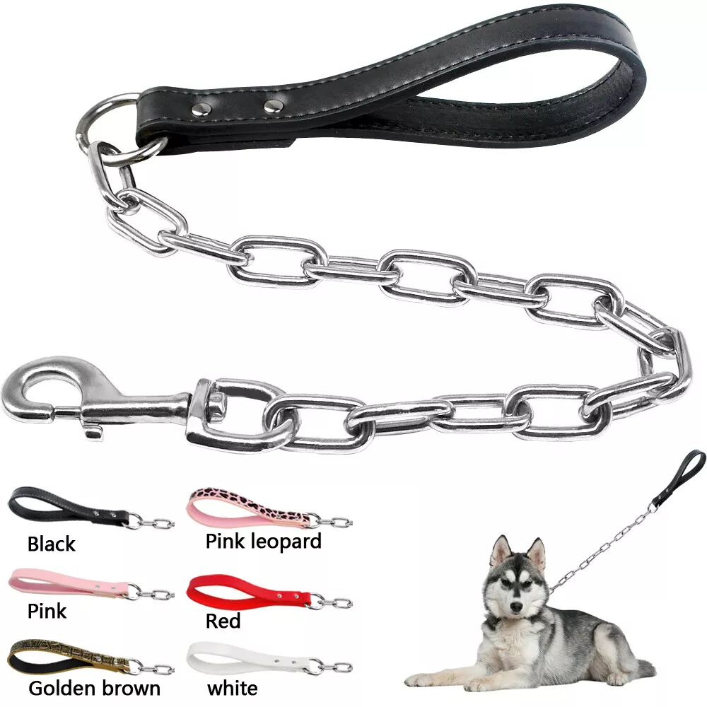 5mm Thick Leather Dog Metal Chain Leash Large Dogs Strong Heavy Duty Collar Lead