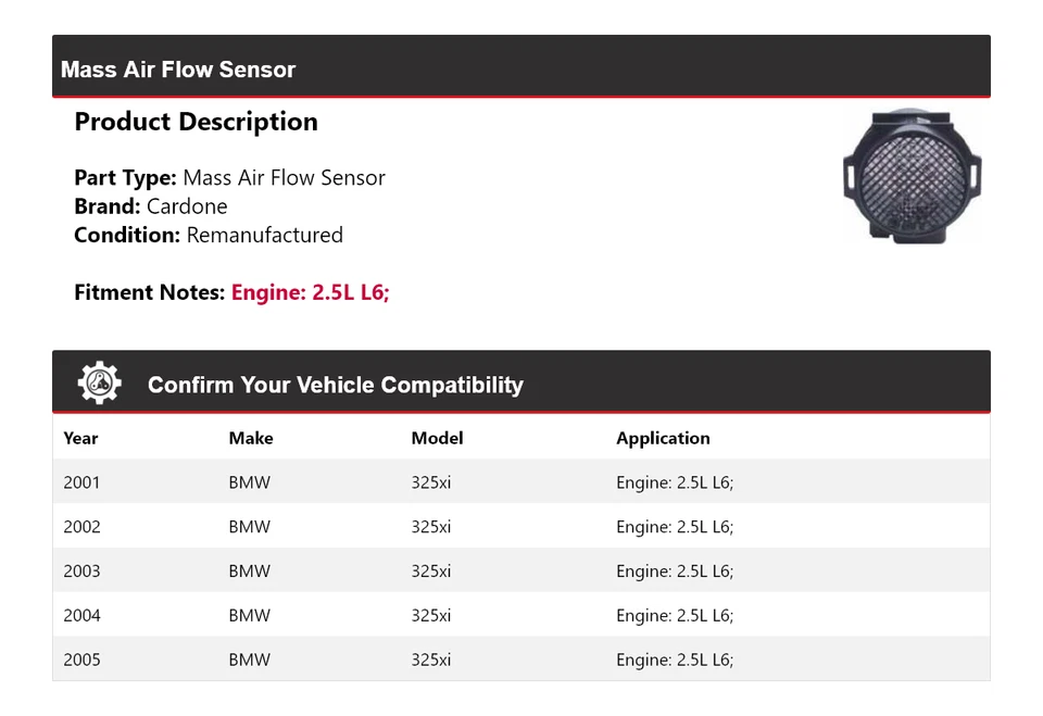 Sensor de flujo de aire másico Cardone 2002 2003 2004 para BMW 325xi 2001-2005 2,5 L L6 Foto 2 de 4