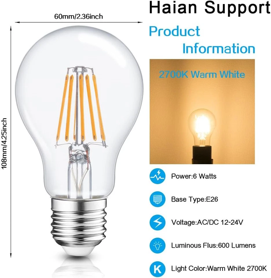 Bombilla LED Eficiente 12V 6W 600Lm - Base E26/E27 - 12-24V AC/DC - Paquete de 4 - Ideal para Foto 3 de 4