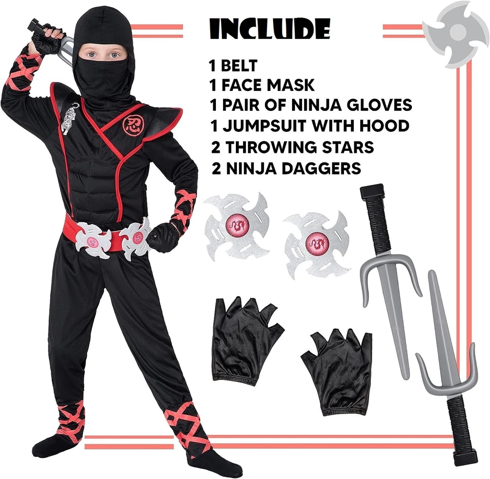 Disfraz de Ninja Negro De Lujo para Niños Niños Disfraz de Halloween Pequeño 5-7 años Foto 4 de 4