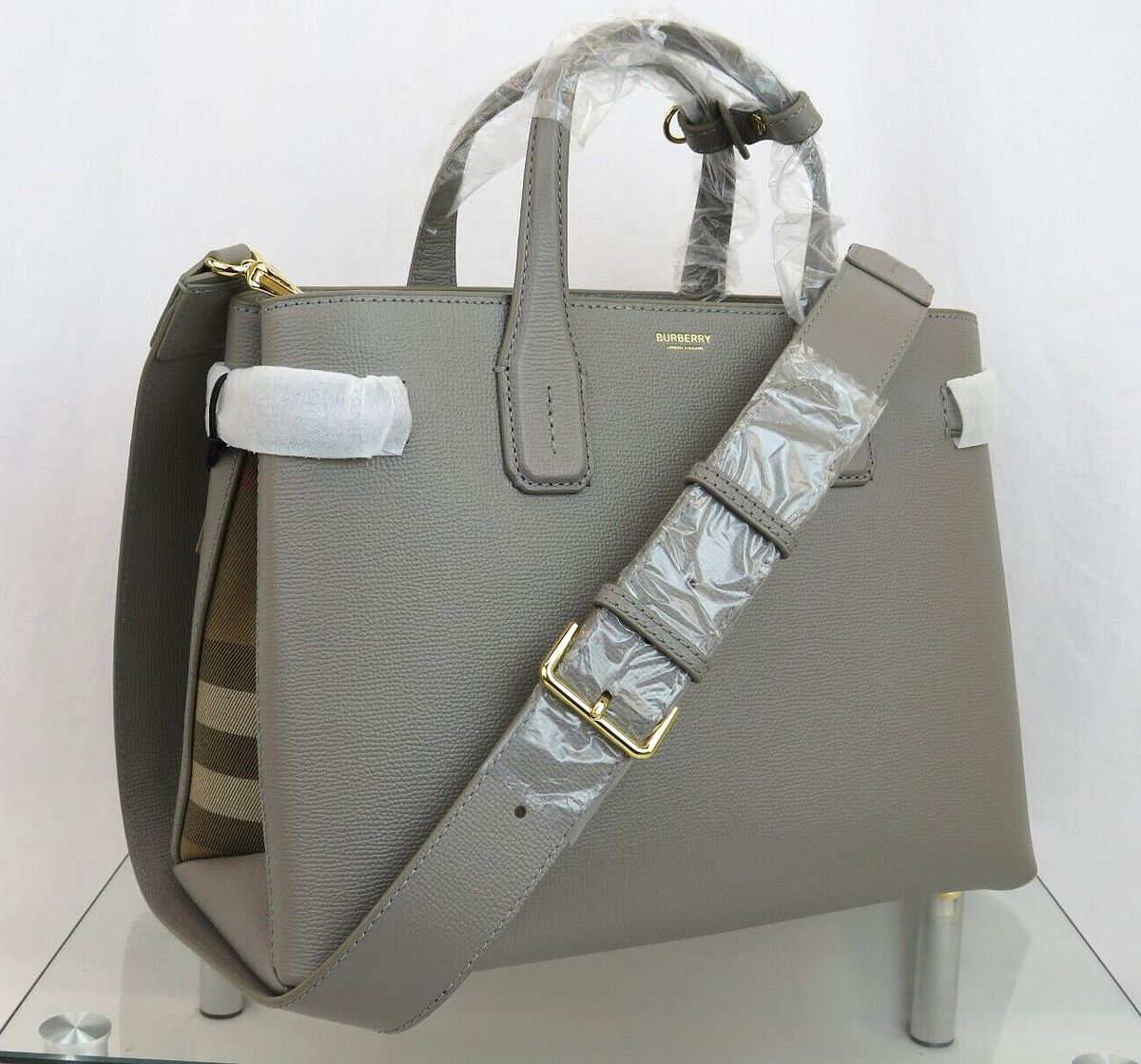 Burberry ビジネスバッグ グレー $1790 BURBERRY MD BANNER TAUPE GRAY LEATHER CHECK SHOULDER MEDIUM