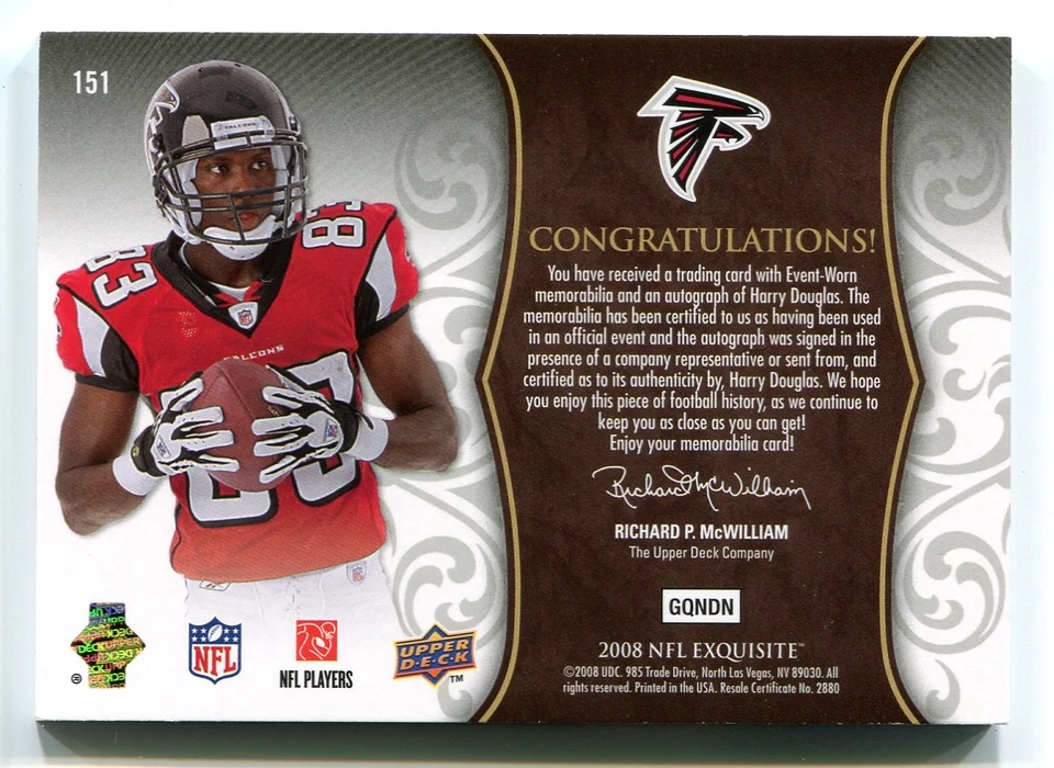 Harry Douglas EXQUISITE 2008 AUTO RC Rookie Card Atlanta Falcons #/199 - Image 2 of 2