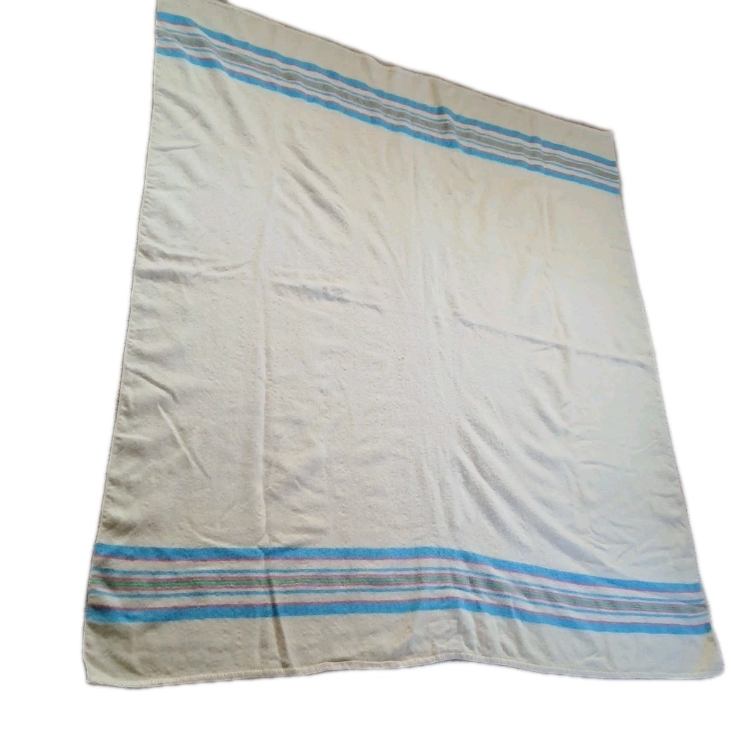 Vintage Pure Wool Hudson's Bay Blanket Rare Blue Green Pink Stripes 73"x63"