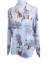 Cat Button-Down Shirt White Blue Brown Novelty Fun Medium
