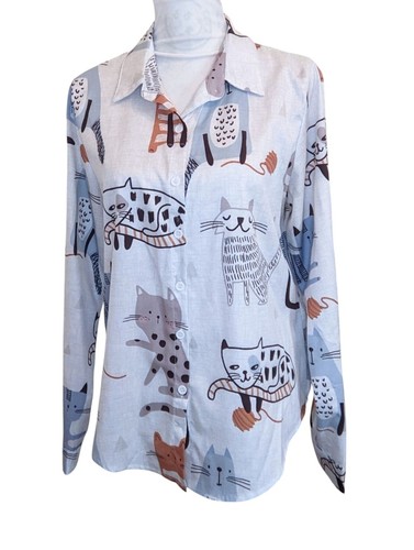 Cat Button-Down Shirt White Blue Brown Novelty Fun Medium