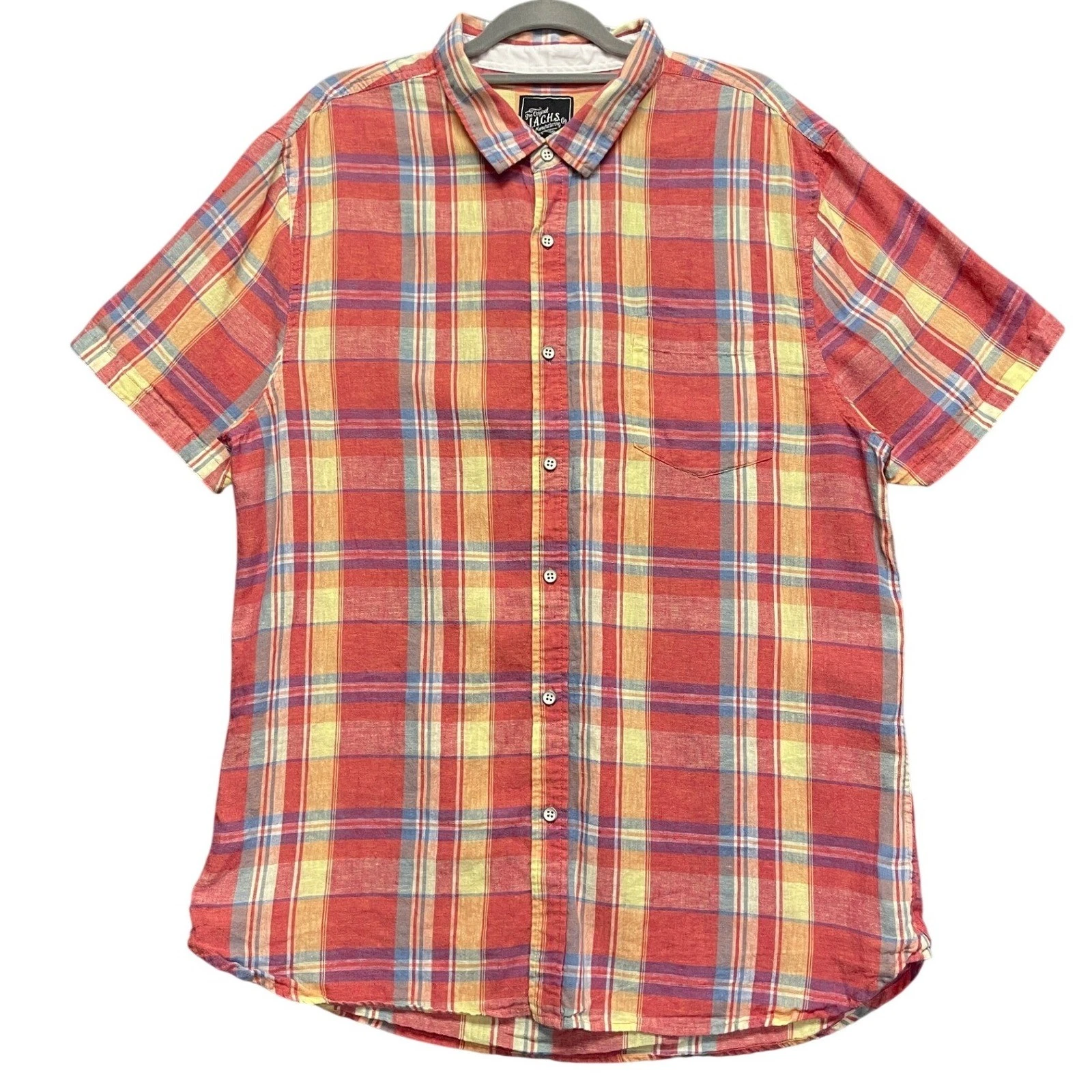 JACHS Mens Red Plaid Linen Cotton Blend Short Sleeve Button Down Shirt Large