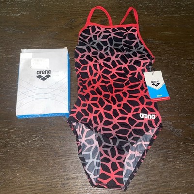 NWT ARENA JUNIORS GIRLS POLYCARBONATE LIGHT DROP BACK ONE PIECE BLACK RED SZ 26