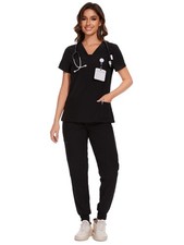 Scrubs Women V-Neck Top Cargo Pants Set 10 Pockets Medical Nursing Uniform