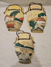 Vintage Set of 3 Ceramic Vessel Wall Hooks Wall Ornament W/ Landscapes 10 - 12"T