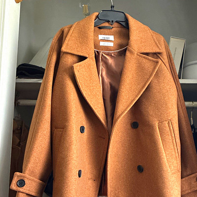 DKNY Women's Brown Double-Breasted Short Pea Coat Jacket, Size S