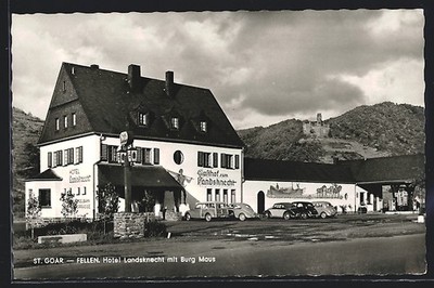 St. Goar-Fellen, Ansichtskarte, Hotel Landsknecht am Rhein mit Burg Maus 