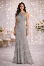 Camille La Vie Silver Embroidered Beaded Evening Gown Dress 10 NWT Sheer Stole