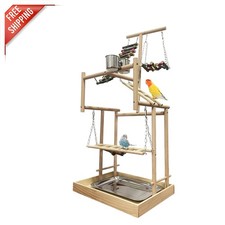 32" 4-Layer Natural Wood Bird Playground for Parrots, Lovebirds  Budgies