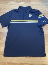 Notre Dame Fighting Under Armour Polo Shirt Men XL Blue Gold Striped Loose