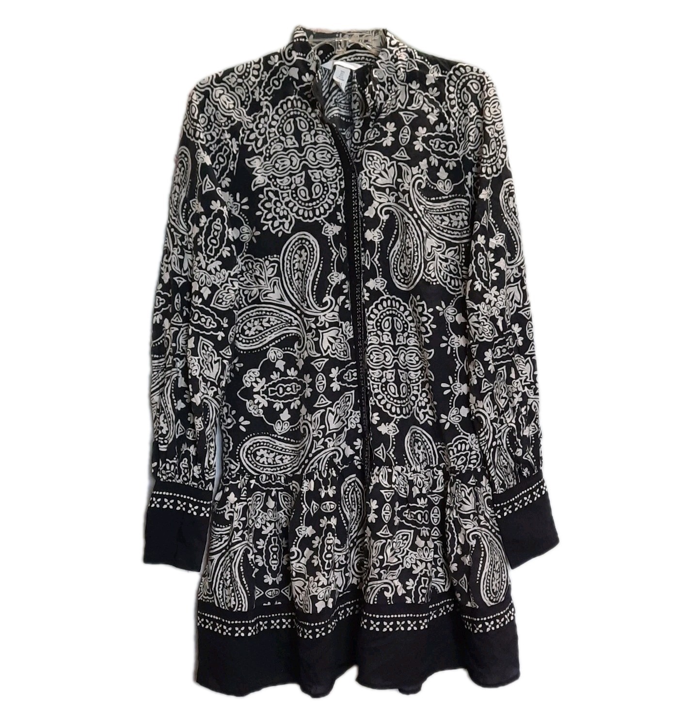 H&M Black/Cream Paisley Short Shirt Dress Balloon Sleeves Stand Collar Size S