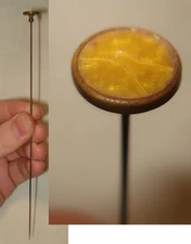 Antique Gold Tone Orange Decorative Button Top Victorian Mourning Hat Pin Hatpin