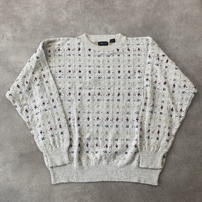 Consensus Pullover Herren Large Vintage Grobstrick Gemustert USA Sweater, Grau