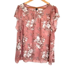 SHEIN CURVE Plus Shirt Women's 2XL Pink Floral Boho Short Sleeve Sheer Blouse