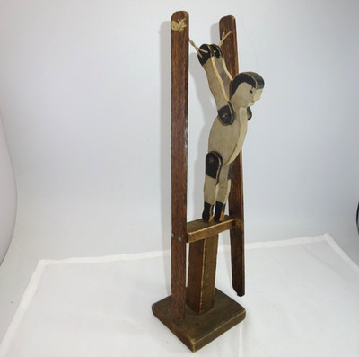 ANTIQUE WOODEN TOY STRING ACROBAT SQUEEZE TRAPEZE FLIP CLOWN PUPPET WOOD BASE