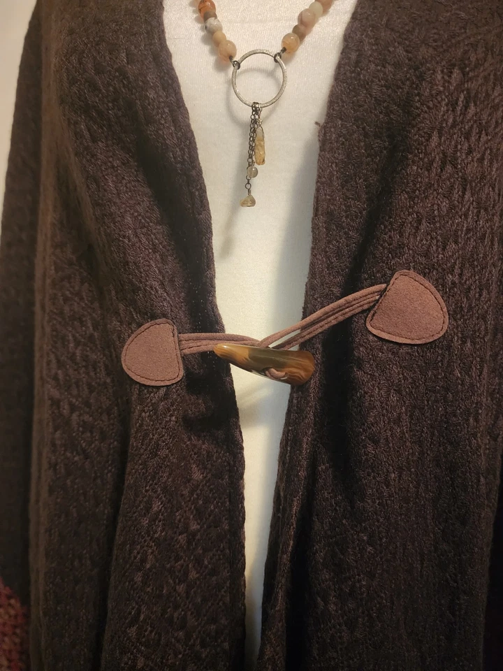 Catherine's Brown Knit Shawl/Wrap Suede Toggle Closure And Fringe OSFM EUC - Image 3 of 4
