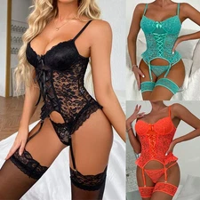 Sexy Women's Lace Lingerie Set Bodysuit with Garter Belt and Stockings