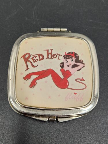 Vintage Fluff Chrome Mirror Compact w/Burnette Sexy Devil Girl "RED HOT"