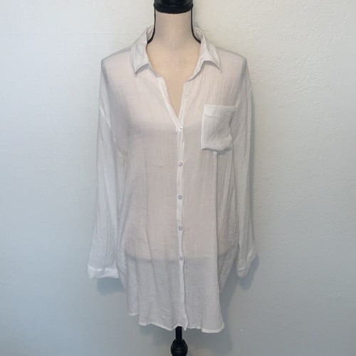 White Sheer Long Sleeve Button Up Summer Swim Coverup Size OS - Picture 5 of 13
