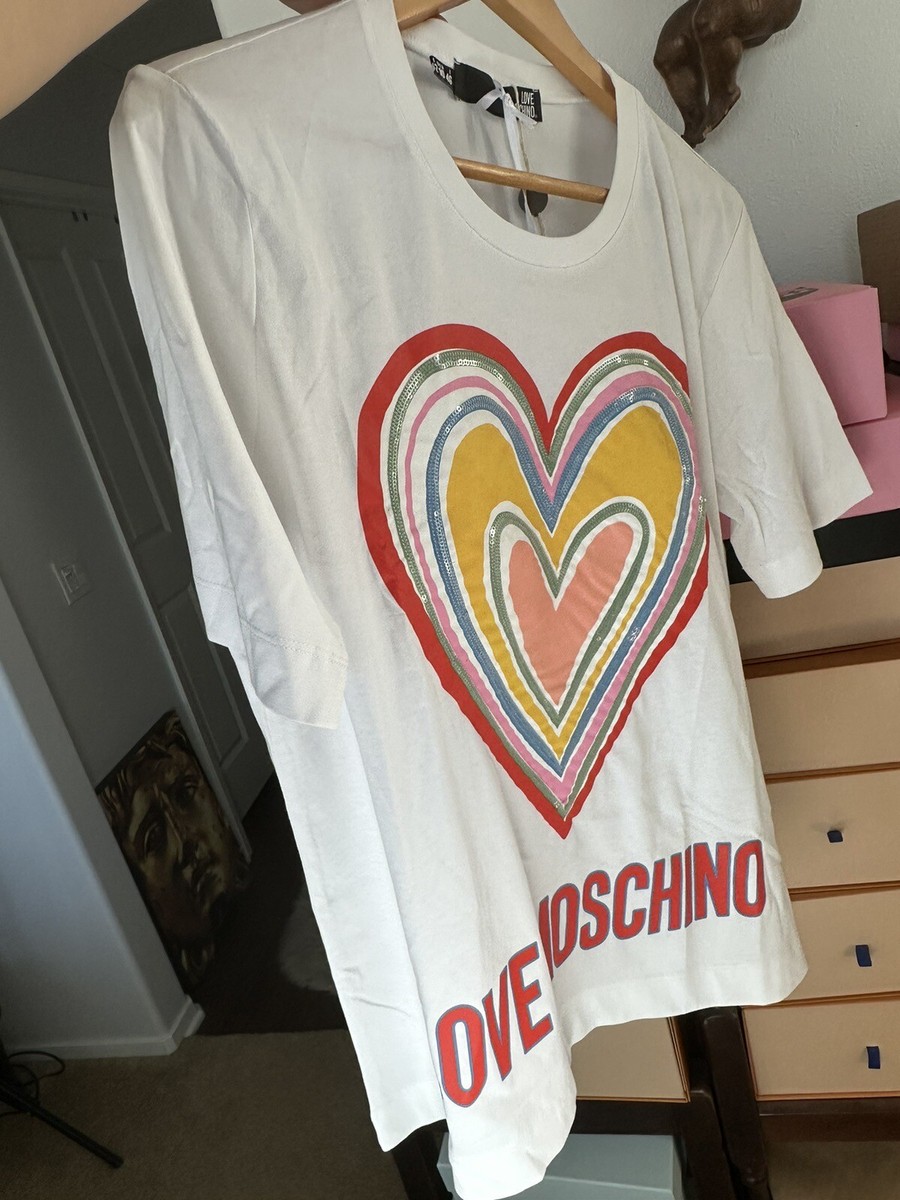 Love Moschino T Shirt Women's Size 10 White Heart Sequins Love Moschino T Shirt Women's Size 10 White Heart Sequins