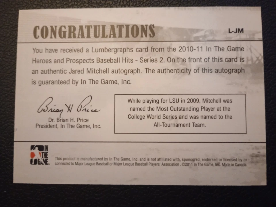 2010-11 In The Game Lumbergraphs Jared Mitchell AUTOGRAPH LSU - Image 2 of 2