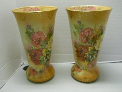 Vintage Vases with Hand Painted Hadley Pink and White Roses & Gold Gilt Set of 2