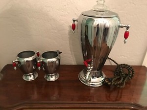 Fire King Chrome Coffee Pot,Creamer Sugar with Red Bakelite Handle and Chord.WOW
