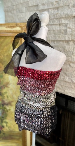 Vintage 1980’s Sequin Tube Top Halter Rainbow Disco Party Bow Party - Picture 4 of 14