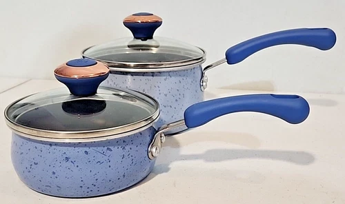 Paula Deen 4pc Signature Ceramic Blue Speckled Cookware Pots W/ Lids,  2 & 1 QT