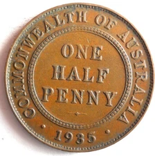 1935 AUSTRALIA HALF PENNY - Excellent Coin - FREE SHIP - Australia HP Bin
