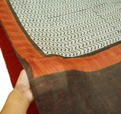 Indian Vintage Sari Brown & Cream Pure Khadi Silk Handloom Printed Sarees Fabric - Picture 4 of 12