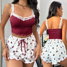 Floral Pajamas Cami Shorts Set for Women Nightwear Sleepwear Lace Shoulder Strap
