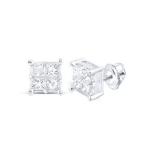 14kt White Gold Womens Princess Diamond Square Cluster Stud Earrings 1.00 Cttw