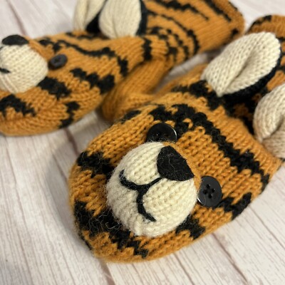 DeLux 100% Wool Tiger Mittens Fleece Lined Small Adult Or Older Child 10+