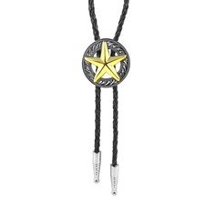 Gold Texas Star Silver Concho Bolo Tie 40" Adjustable Genuine Leather Cord