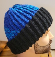 Warm Soft Black Mixed Blues Wool Blend Hand Knitted 100 Handmade Beanie