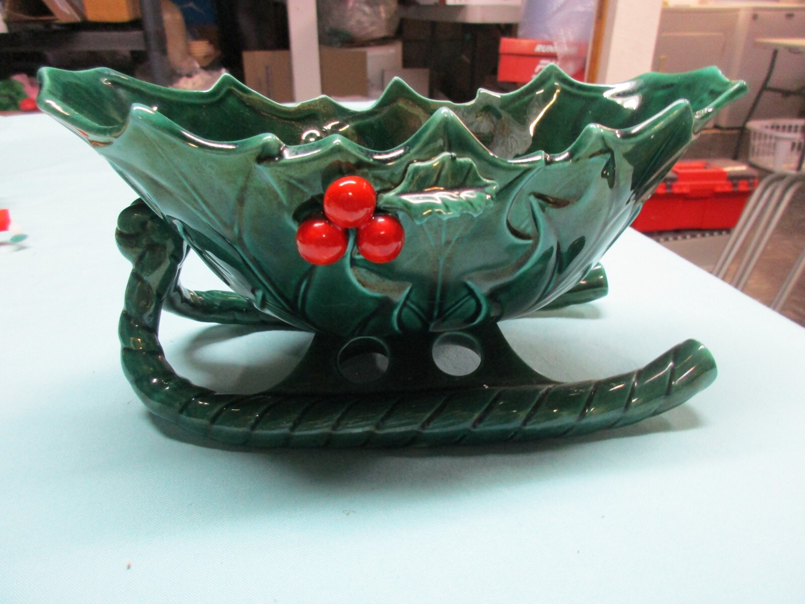 1970's Vintage Lefton Holly Berry Christmas Sleigh Candy Dish