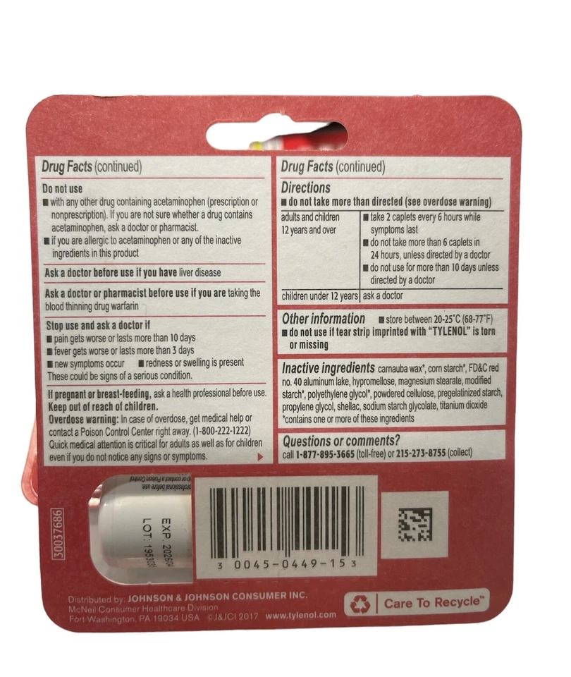 Tylenol Extra Strength Analgésico Reductor de Fiebre 500 mg, 10 Comprimidos, 5 Paquetes Foto 2 de 2