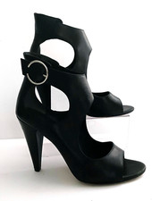 Sigerson Morrison Blk Leather Heeled Sandal Ankle Cuff Silver Buckle Sz 6.5