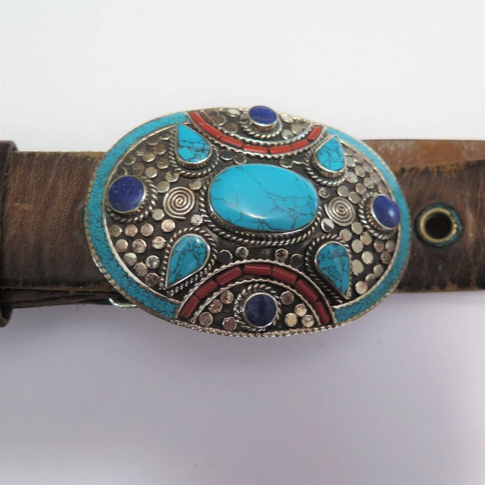 Hebilla de cinturón ovalada|Piedra con incrustaciones|Turquesa|Coral|Lapislázuli|Plata alemana| 3 3/8 x 2 3/8 Foto 2 de 4