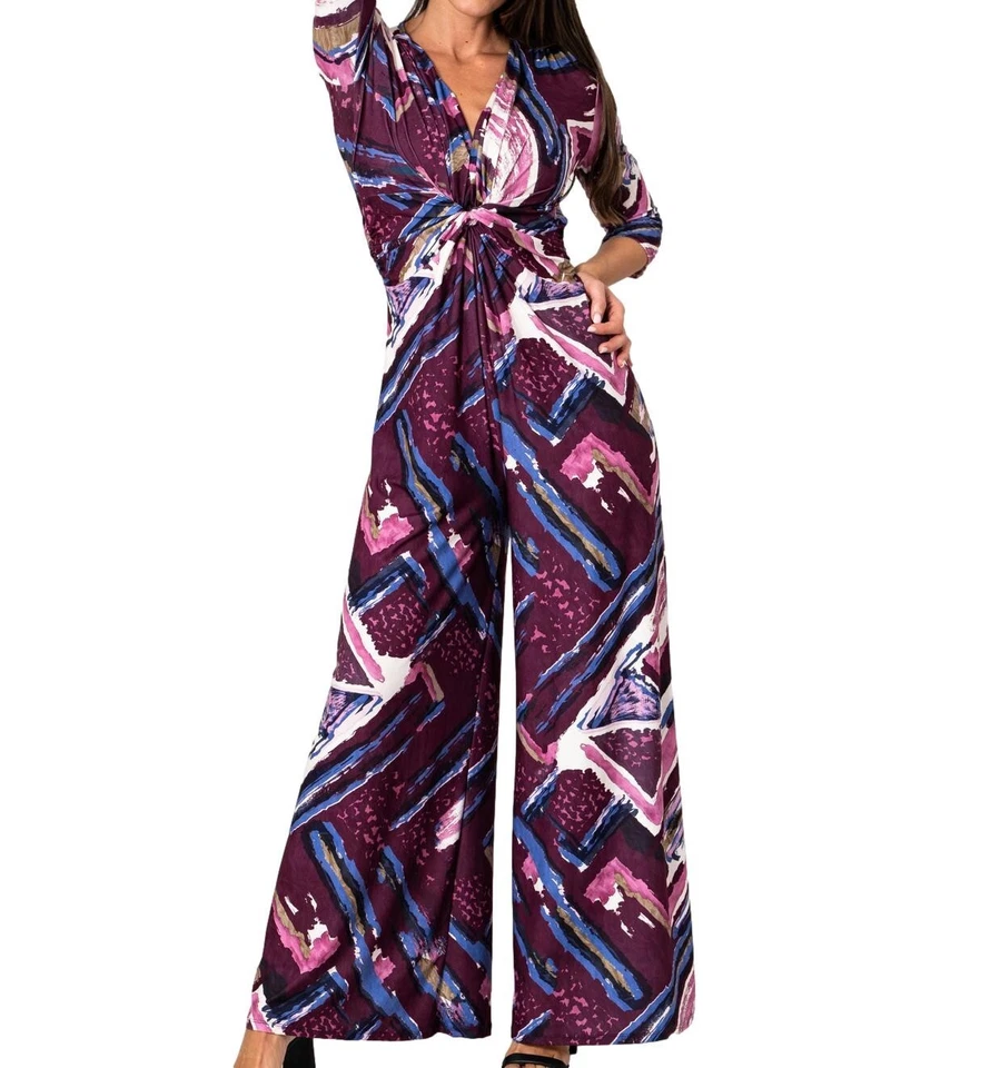 Damen Overall Palazzo Mit Abstraktem Knoten Lila 3/4 Ärmel V-Ausschnitt Neu - Bild 2 von 4