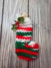 Hand-Knitted Mini Christmas Stocking Decoration With Bear & Holly