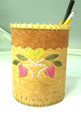 Hand Made Tree Bark Pencil Holder With Floral Design 5" Cottage Cabin Decor