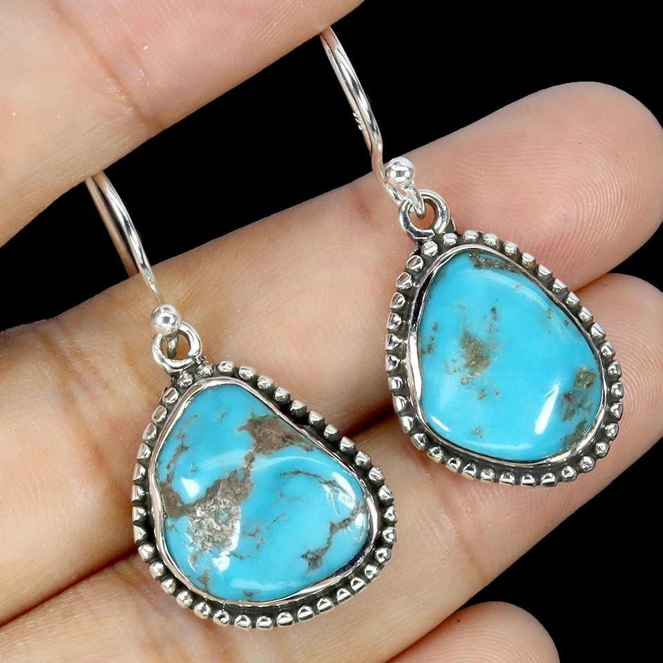 Pendientes de plata de ley 925 turquesa 14x12 mm hechos a mano joyas de piedras preciosas Foto 2 de 4