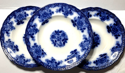 3~Vtg Waldorf Embossed Dots Beaded Flow Blue Semi Porcelain Lg Rim 9'' Soup Bowl
